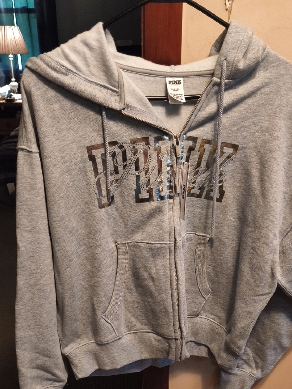 PINK Victoria's Secret Light Gray Zip Hoodie with Metallic Logo
